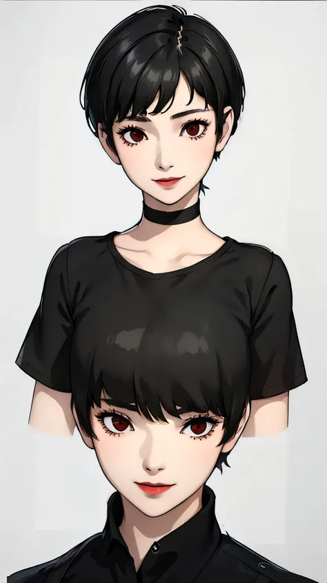 1 girl, very Short hair, black hair,tomboy Pixie haircut, red eyes, black lipstick, black choker, face portrait, top shirt , side face, white background, smile