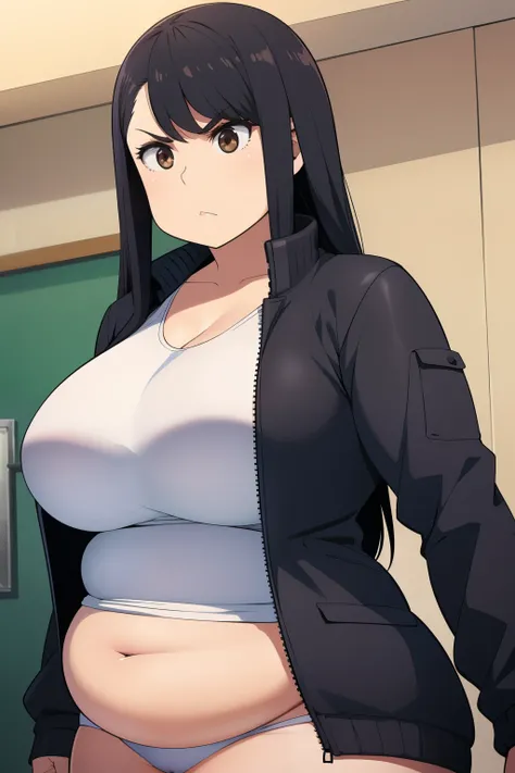 Plump year 21 big breasts black hair brown eyes chubby angry longer jacket longer hair