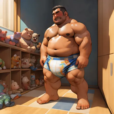 masterpiece, Top quality, in 32K, perfect anatomy, hyper detailed, super fine illustration, The thick man is a brutal prisoner, retarded, hairy, human, 50yo in japan, (fatness: 1.0), Fatty muscle, Bowleg, disappointment, incontinent, be diaper check by chi...