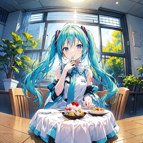 Hatsune Miku、An illustration、Clothes are short-sleeved、Eating a parfait on the table