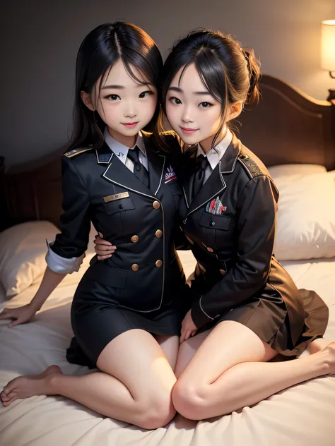 Ultra-high resolution photos、Medically accurate early human body、Super young model、Very very short、round face、Small breasts、smile、A Japanese person with a very, very young face、No makeup、Full body description、On the bed、Uniform Lesbian、Embrace each other