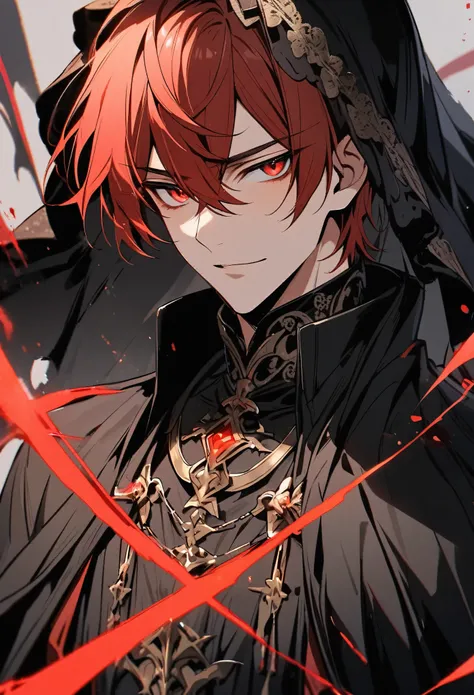 solo, handsome, 1 male, short hair, red hair, red eyes, black shirt, black cloak, black veil