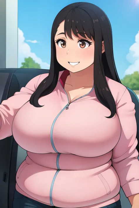 Plump year 21 big breasts black hair brown eyes chubby happy longer hair smile blushing deredere jacket