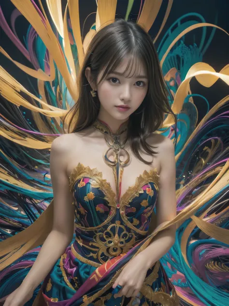 (masterpiece, Highest quality, Highest quality, Official Art, beautifully、aesthetic:1.2), (One girl:1.3), Very detailed,(Fractal Art:1.2),colorful,Most detailed,(Tangled:1.2), (Dynamic pose), (Abstract background:1.5), (Traditional Costume:1.2), (Glowing S...