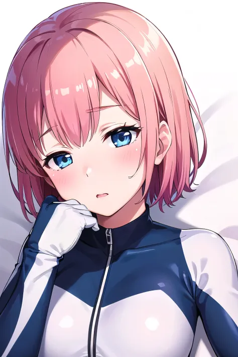 girl,boyish, very short hair, pink Hair, medium Breasts, glossy tight zero suit,blush,sexy face,blue eyes,Tight fit,clearly,Striped pattern, (white background:1.3), aroused face, Napping, sleeping, lying in bed