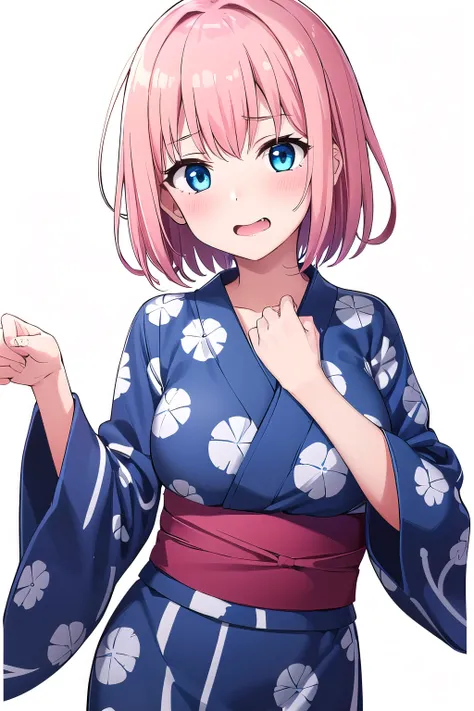 1 girl,boyish, very short hair, pink Hair, medium Breasts, glossy tight yukata , glossy yukata,Cowboy Shot,blush,sexy face,blue eyes,Tight fit,clearly,dot pattern, (white background:1.3), naughty face
