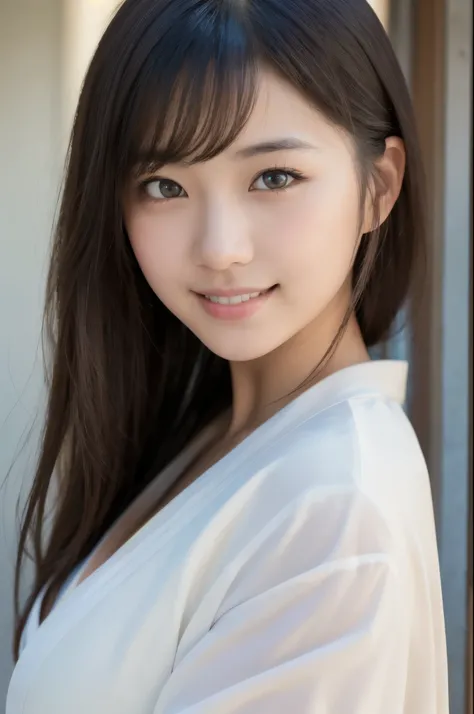 best quality, face focus, soft light, ultra high res, (photorealistic:1.4), RAW photo,(Shinozaki Ai), (fair skin), High school girl, 1 Japanese girl, solo, cute, smile, (pupil, lights in the eyes),  detailed beautiful face, Large-sized breasts,(high resolu...