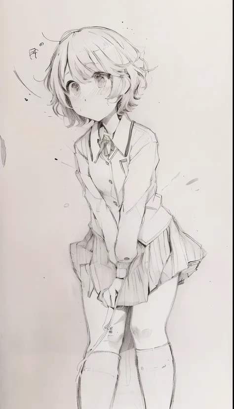 fujisaki chihiro, otoko no ko
green jacket, ribbon, brown skirt, kneehighs surprised, short hair, bangs, school uniform with a ribbon on the collar, nervous posture, standing, looking forward, wide eyes, sweating, indoor environment, simple sketch with pen...