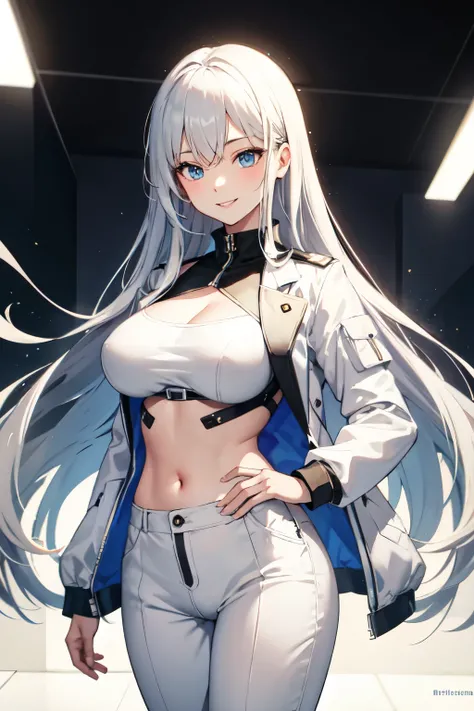 Masterpiece, high quality, ultra quality, best lighting, 1girl, long hair, long silver hair, light blue eyes ,detailed eyes, wearing a t-shirt, wearing trousers, wearing a white jacket, white big breast, big thigh, smile, pretty face, standing, sexy body, ...