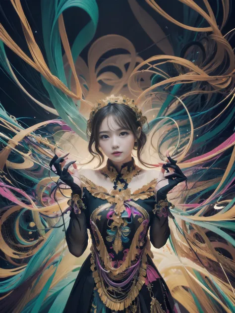 (masterpiece, Highest quality, Highest quality, Official Art, beautifully、aesthetic:1.2), (One girl:1.3), Very detailed,(Fractal Art:1.2),colorful,Most detailed,(Tangled:1.2), (Dynamic pose), (Abstract background:1.5), (Traditional Costume:1.2), (Glowing S...