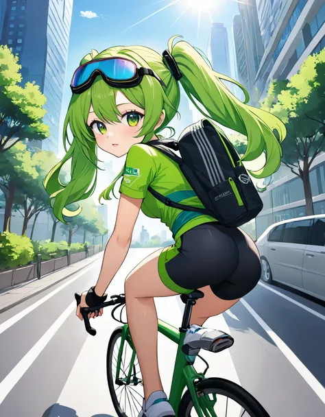 Light blue long hair、A beautiful twin-tailed Uber Eats delivery girl、Uber Eats delivery backpack on his back、Focusing on delivery. Wearing sporty green and black cycling clothing with goggles, Holding an action camera while riding a green delivery bike. Ur...