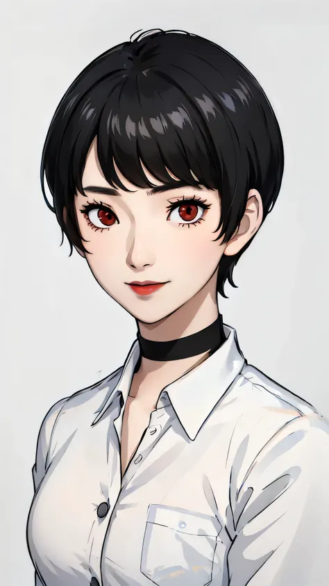 1 girl, very Short hair, tomboy Pixie haircut, bangs,black hair, red eyes, black lipstick, black choker, face portrait, schoolgirluniform , front face, white background, front face, face portrait, front face portrait, front face helper, smile