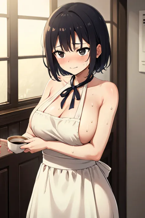 1.woman, naked, fake smile, sweat on face, embarrassed, ashamed, front, focus on face, hands in front, slightly large breasts, short hair, naked, black hair, nude, black eyes, cafe, apron dress, coffee, ribbon around neck, man, breasts being massaged