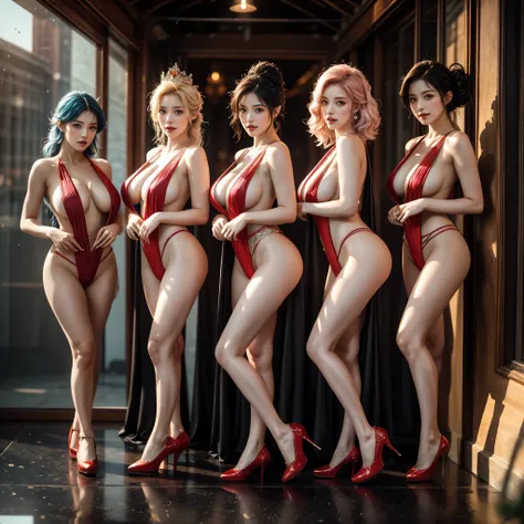 (Graceful Full Body of Extremely Detailed((Sexy Princesses Group in a row:1.37))), KAWAII perfect face with Reflective Eyes, Detailed(Delicate Clothing textures), Correct Graceful Legs, Dynamic Joyful Expressions LifeLike Rendering, Specular Reflection of ...