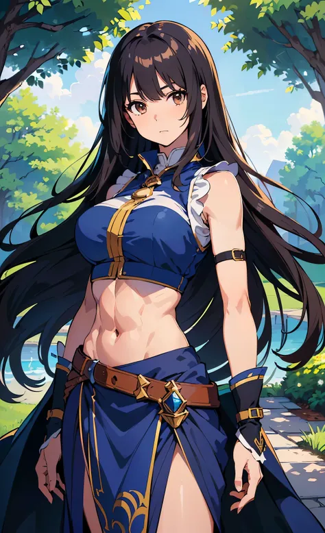 masterpiece, best quality, ultra detailed, ultra high resolution, very detailed face, (((solo))), (dynamic posing:1.3), ((anime)), (((human))), woman, (((sorceress uniform, sleeveless, croptop))), ((skirt)), ((long cloak)), ((blue long straight hair)), (me...