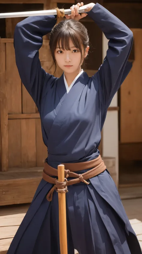 Stretch your arms out in front of you, Kendo uniform, Japanese Sword, 両手にJapanese Swordを持って戦う, View your viewers