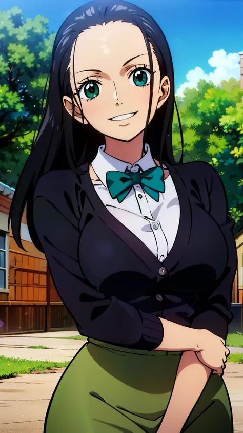 (masterpiece, best quality, high resolution, 8K:1.2), anime coloring, detailed, from one piece, one piece style, Nico Robin, woman with long black hair, big medium breasts, happy expression and laughing, soft look, beautiful face, perfect hands, (black tie...