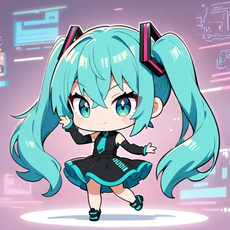 ((chibi cute, anime style, anime characters, deformation, masterpiece:1.2)), 1 girl, (hatsune miku, aqua eye, aqua hair, bangs, ...