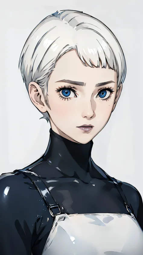 1 girl, very Short hair, tomboy Pixie haircut, white hair, blue eyes, black lipstick, face portrait,
black turtleneck latex suit , front face, white background, front face, face portrait, bangs,