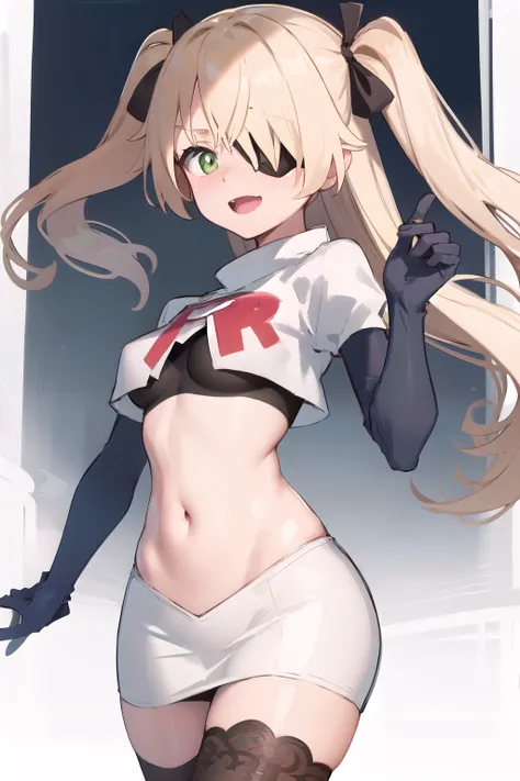 masterpiece, best quality, absurdres, fischl (dunkelnacht sakrament) (genshin impact), green eyes, (white pupils:1.1), fischl (genshin impact), 1girl, solo, breasts, two side up, eyepatch, blonde hair, long hair, looking at viewer, hair over one eye, mediu...
