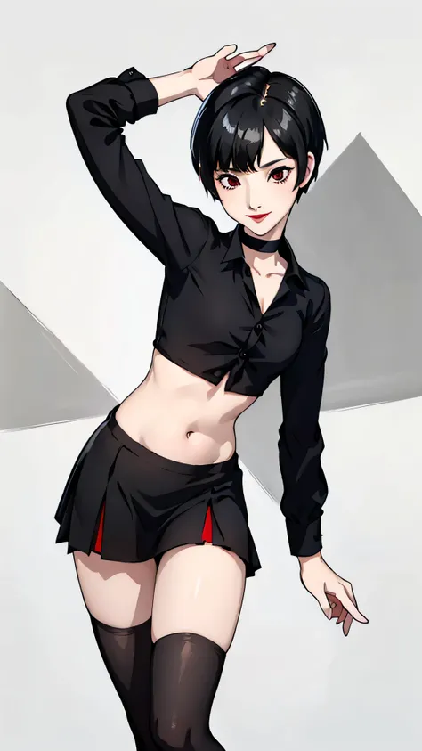 1 girl, very short hair, red eyes, black choker, black lipstick, black hair, tomboy Pixie haircut, tied shirt , armpits, belly, mini skirt, stockings, dancing, smile, white background 