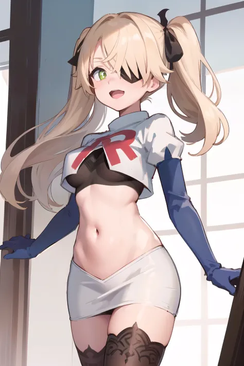 masterpiece, best quality, absurdres, fischl (dunkelnacht sakrament) (genshin impact), green eyes, (white pupils:1.1), fischl (genshin impact), 1girl, solo, breasts, two side up, eyepatch, blonde hair, long hair, looking at viewer, hair over one eye, mediu...