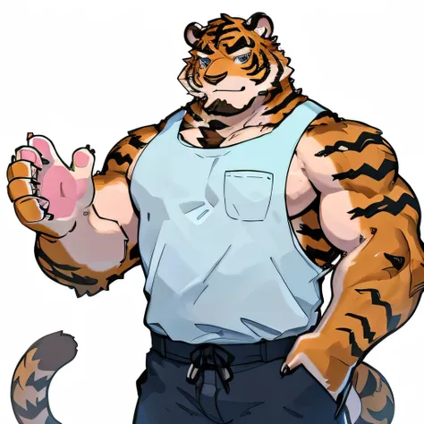 1 boy, solitary, anthropology, Tiger, hairy, Broad palm,Hairy Palms,A tail,The fur changes from yellow to red from south to north., Where people gather,Sparkling blue eyes, Pink Macho,Pink palm,Meatballs on hands(Cat's Paw),Pink palm pad(Feline meat pa...