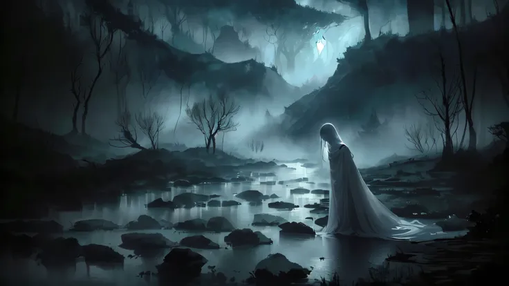 shrouded in fog, long flowy dress, Ethereal figure, Standing by a stream, looking down, serene but mysterious atmosphere, Dark forest, moonlight night, dim lighting, soft shadows, mystical natural landscape, light from above, dark shades, high contrast, Pr...