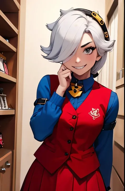 Hot girl. Red Waistcoat. blue T-shirt. Gift shop. disturbing smile. Red skirt.