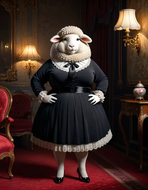 photorealistic portrait of Dressed animals - a ((fat)) (sheep)elegant lady,(elegant pose:1.5),(hands on hips:1.5), (lovely smile:1.5),(furry),high quality,(cute) ,intricate detailed clothes, highly detailed ((Gothic Long-sleeved shirt, Dress, Black tie,)),...