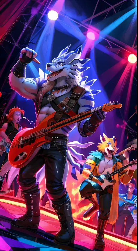 furry weregarurumon boy, muscular, tanks panty harress, leather arms and hands glove, leather legs and riding boots and leather pants, night, behind the light, disco, band, fire, lights, instruments, microphone, smoke, singing, dancing, playing, fun. color...