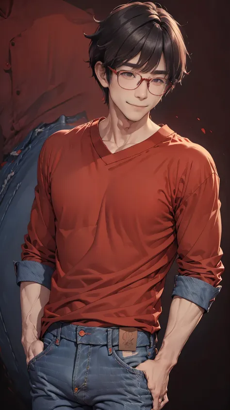 Masterpiece,best quality,独奏, 1 Japanese man ,bangs, light smile, black-rimmed glasses, sleepy eyes, hunched back: 1.3), (red long shirt, jeans:1.5),(Plain background:1.5),(front,,Upper Body:1.5)