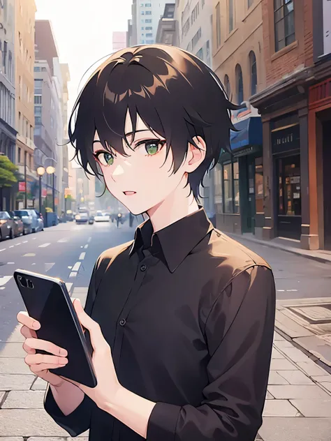 (2 male:1.5) and (Brown short hair) and (Green Eyes),upper body, (talking on the smartphone:1.5),(handling_smart_phone, smart_phone:1.2)、 shiny skin, (looking away:1.5)、masterpiece、Highest quality、 (black collared shirt：1.5) confused,open mouth, The backgr...