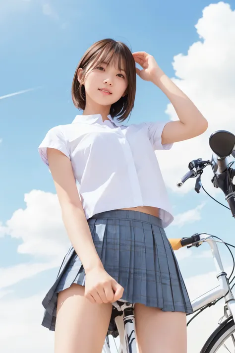 (Straddling the bicycle saddle、Japanese high school girl waiting at a traffic light)、(((White shirt without sleeves)))、Hands on the wheel, looking ahead、Bra visible from sleeve opening、((Light blue checkered mini pleated skirt))、Dark brown bob hair、Medium ...