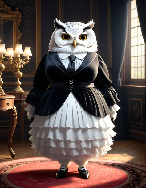 photorealistic portrait of Dressed animals - a ((fat)) (white owl) elegant lady,(elegant pose:1.5),(hands on hips:1.5), (lovely smile:1.5),(furry),high quality,(cute) ,intricate detailed clothes, highly detailed ((Gothic Long-sleeved shirt, Dress, Black ti...