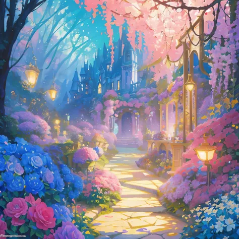 florals ，Colorful flowers ，background are the flowers，Surrounded by flowers，Seamless design，Fantasy Forest, neonlight, Realistic, Glow，Manhwa Style, Paint with vivid watercolors ,extremely detaile, highly detailed, tmasterpiece, Fairy tale background, in w...