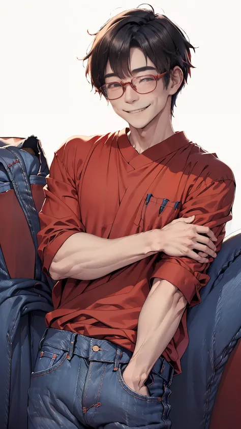 Masterpiece,best quality,独奏, 1 Japanese man ,bangs, light smile, black-rimmed glasses, sleepy eyes, hunched back: 1.3), (red long shirt, jeans:1.5),(Plain background:1.5),(front,Smiling embarrassedly,Upper Body:1.5)