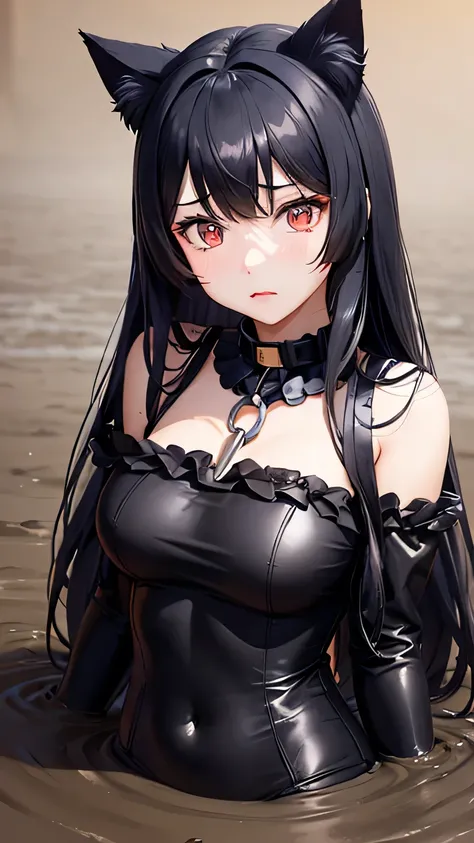 Detailed facial details，1 girl、Cat ear，Black long hair,Shut up，，Large Breasts，Wearing a blue striped sailor suit，Charming red eyes, Shy expression，Slim，Handcuffs，Collar，Radiant Skin，Facial details are very detailed, Body covered in mud