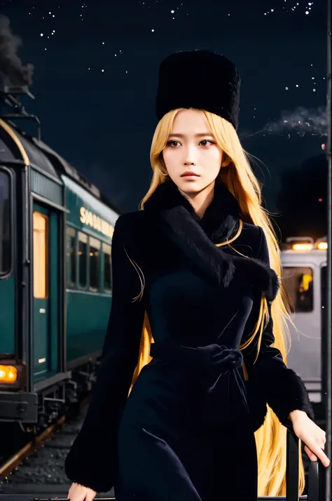 highest quality, Super quality,, RAW Photos, Realistic, Incredibly absurd, Very detailed, delicate, Flashy and dynamic depiction, Galaxy Express 999, Material, Long Hair, Blonde Hair, Fur trim, Black Hat, Fur has, dress, Dynamic Angle、Beautiful and cool wo...