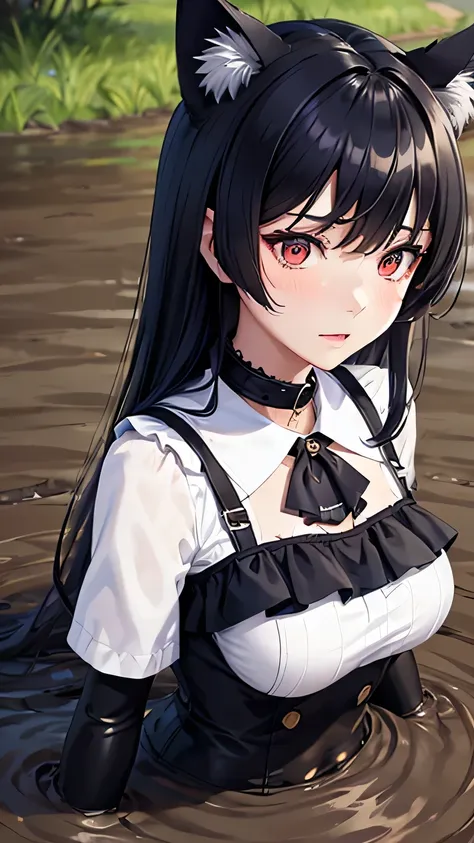 Detailed facial details，1 girl、Cat ear，Black long hair,Shut up，Large Breasts，Wearing a blue striped sailor suit，Charming red eyes, Shy expression，Slim，Handcuffs，Collar，Radiant Skin，Facial details are very detailed, Body covered in mud