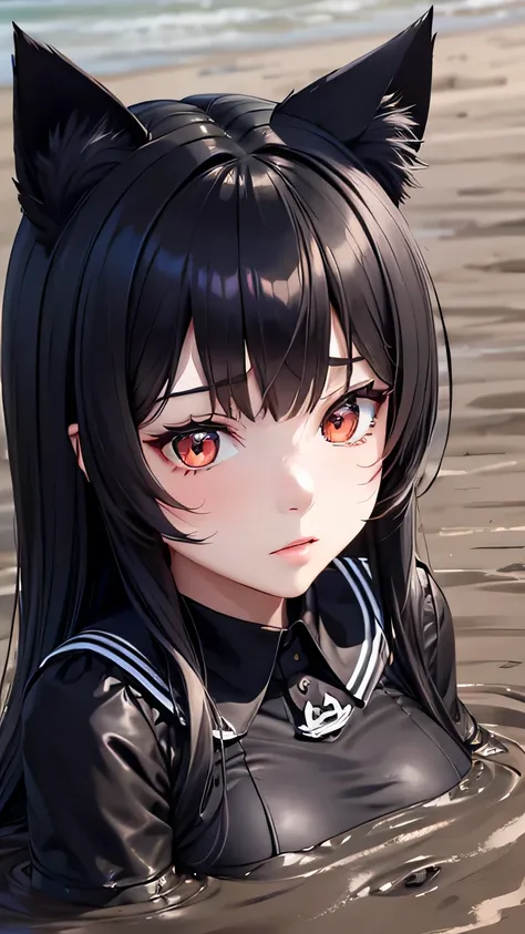 Detailed facial details，1 girl、Cat ear，Black long hair,Shut up，，Large Breasts，Wearing a blue striped sailor suit，Charming red eyes, Shy expression，Slim，Handcuffs，Collar，Radiant Skin，Facial details are very detailed, Body covered in mud