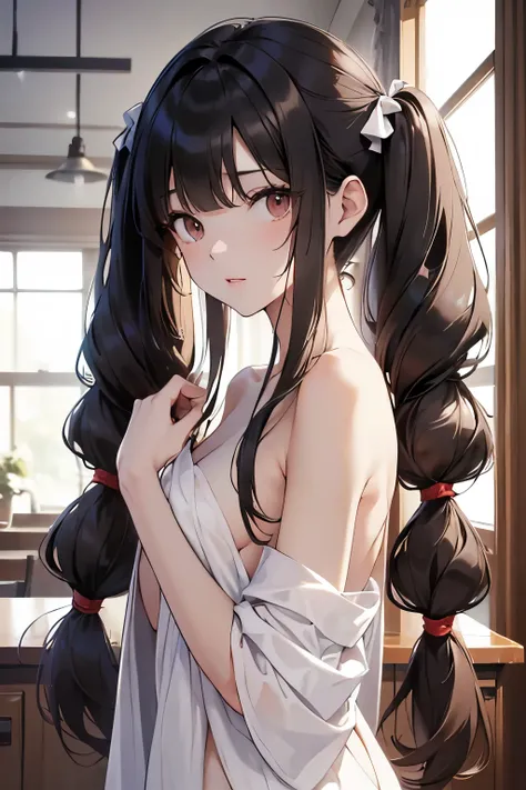 best quality, highres,Slender、Brown eyes、tall、Black Hair、(Long Hair:1.3),(Straight Hair:1.3)、(Twin tails:1.3)、7th life、(Backwards:1.5)、(Completely naked:1.5)
