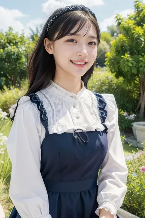 (8k, best quality, masterpiece:1.2), (realistic, photo-realistic:1.37), ultra-detailed, 1 girl, full body, solo, beautiful detailed sky, (smile:1.2), traditional maid, maid headdress, frilled apron, puffed sleeves, lace trim