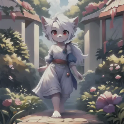 Masterful masterpieces, High resolution, 8k, detailed background, good quality,Little Shota with white hair and bare feet is walking in the garden，(light blue fun fur， red eyes， white hair），charming