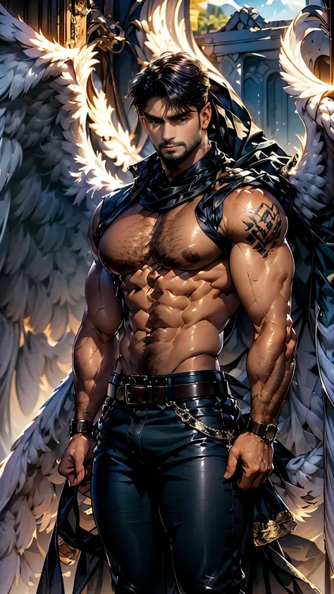 Daegan(1), male_character, detailed_face, no more characters, angel wings (symmetrical style), blue eyes (iris color), medium beard, black hair, wearing plaid shirt, chaps, belt, silver belt buckle, cowboy pants, denim shirt, red shirt, red neckerchief, co...