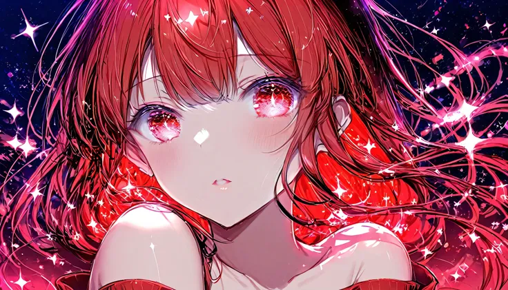 One girl, Upper Body, Red gradient long hair, Eyebrows visible through hair, Sparkle, shine, Off the shoulder, Expose your shoulders, View your viewers, parted lips,