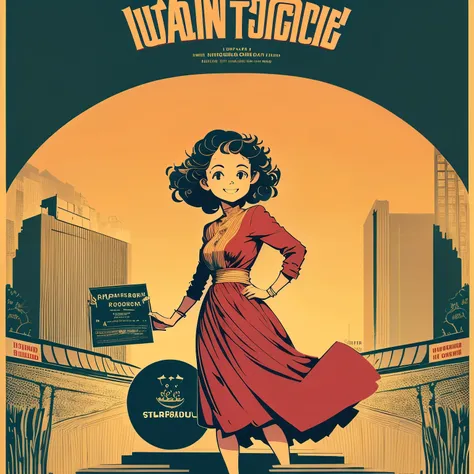1 petite adult woman, tiny body, round face, curly hair, smile, drinking, advertising poster style, english title-logo, full length, shy pose,