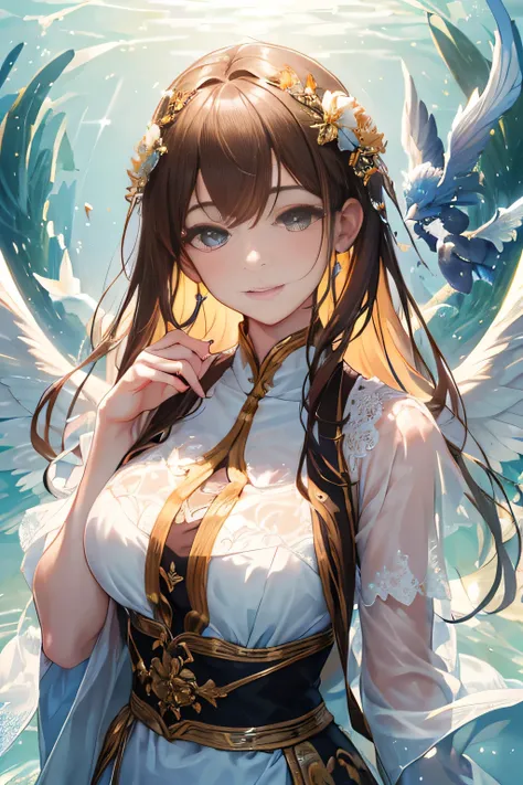 Dragon in Chinese mythology,(Portrait of an angel and a dragon god:1.3,)(A fluffy, sheer white outfit:1.3, ),(Glass-winged angel floating on a lake:1.3), (A glass dragon guards the angels from behind:1.3),Shiny light brown and orange streaked hair,,,,,,,,,...