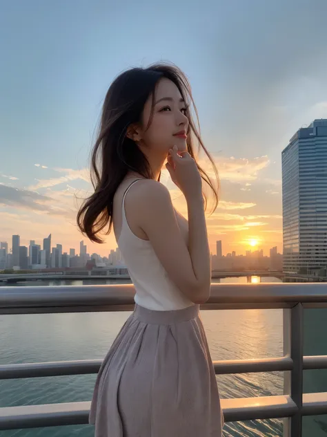 1girl, solo, highres, best_quality, masterpiece, detailed_background, intricate_details, beautiful, long_hair, modern_fashion, standing_pose, city_skyline, sunset, serene, looking_away, dynamic_pose, natural_pose, candid, happy