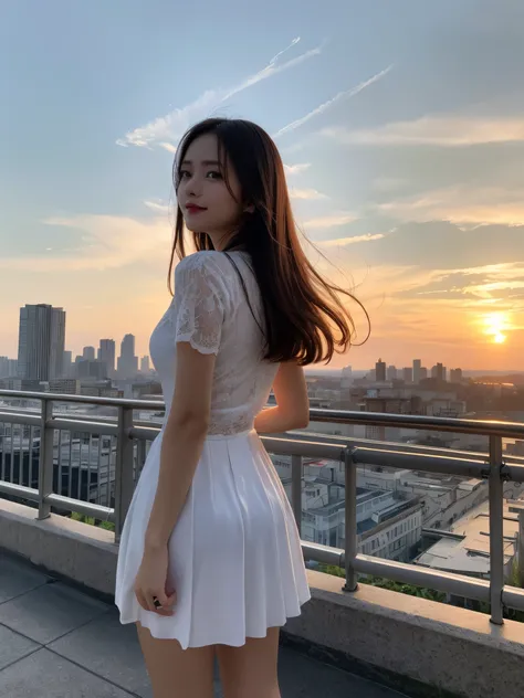 1girl, solo, highres, best_quality, masterpiece, detailed_background, intricate_details, beautiful, long_hair, modern_fashion, standing_pose, city_skyline, sunset, serene, looking_away, dynamic_pose, natural_pose, candid, happy